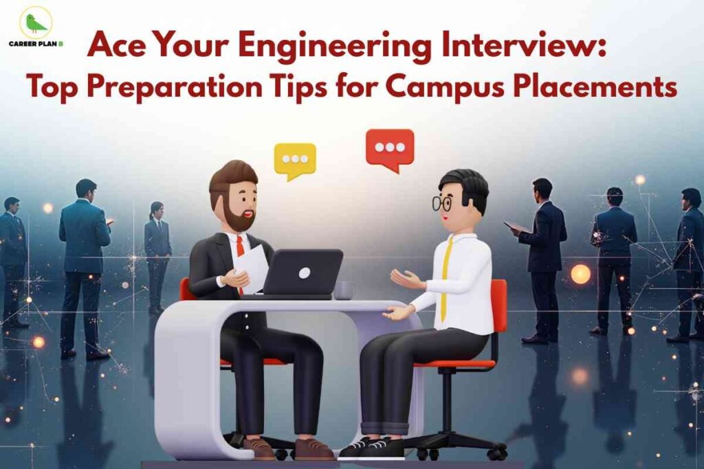 Animated illustration showing an interviewer and an engineering student in a formal interview setting, representing key engineering campus placement preparation tips for successful job interviews and campus recruitment.