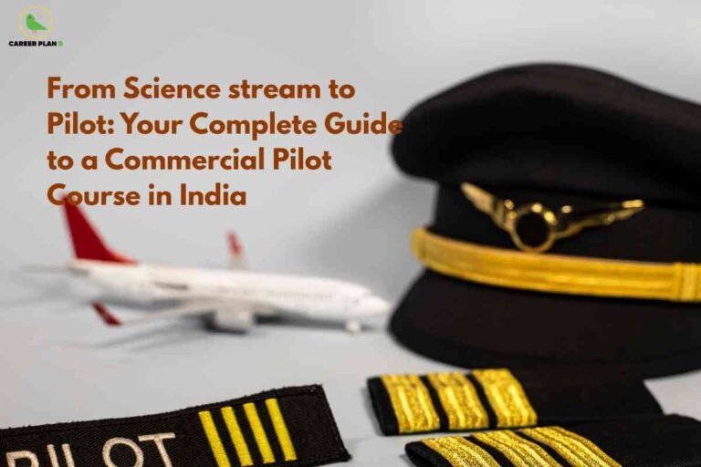 Close-up of a pilot’s uniform cap and epaulettes with a blurred airplane in the background, representing a detailed guide to pursuing a commercial pilot course in India for aspiring aviation students.