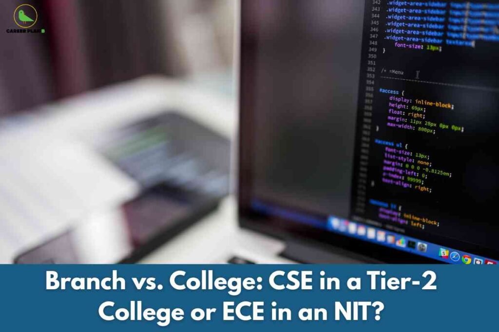 Confused student choosing between two signboards labeled branch and college, representing the common dilemma of branch vs college while selecting engineering admissions.