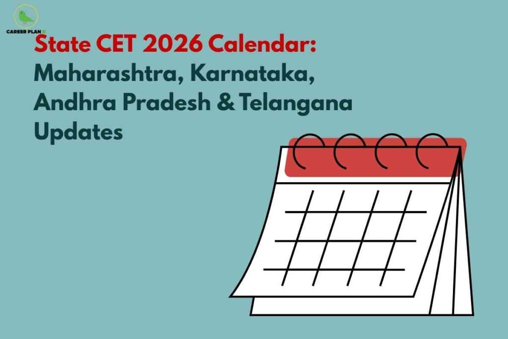 Calendar with marked exam dates and stationery on a study desk, representing the State CET 2026 calendar with important exam schedules, application deadlines, and result dates for students.