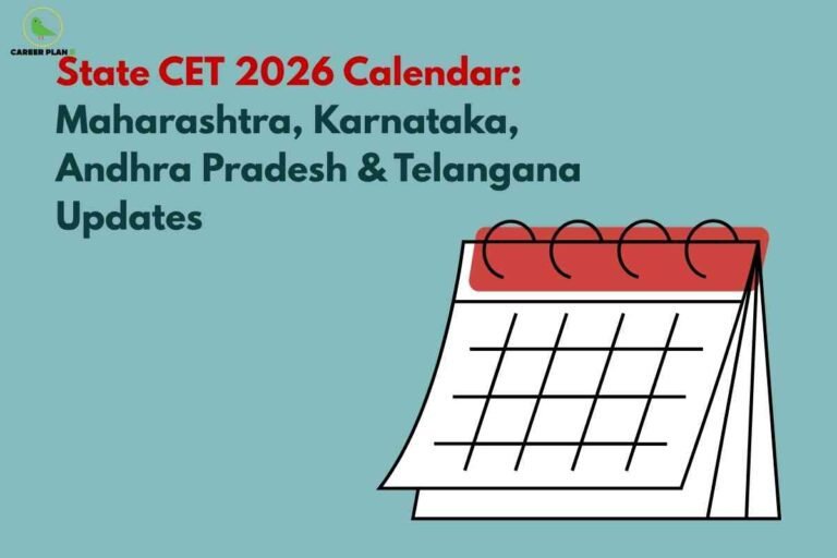 Calendar with marked exam dates and stationery on a study desk, representing the State CET 2026 calendar with important exam schedules, application deadlines, and result dates for students.