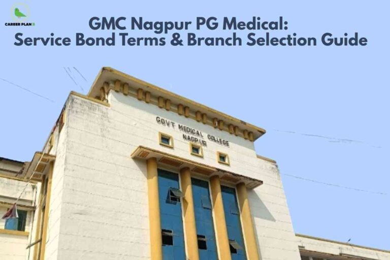 Angular view of the main building at Government Medical College Nagpur, showing a cream-colored facade with yellow pillars and blue-tinted windows beneath the sign 'Govt Medical College Nagpur.' The sky is clear and light blue, and the Career Plan B logo and the text 'GMC Nagpur PG Medical: Service Bond Terms & Branch Selection Guide' are prominently displayed at the top of the image.