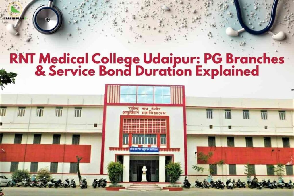 Front view of RNT Medical College Udaipur showing a white building with red accents and a central entrance topped by a statue and greenery, with rows of parked motorcycles along the road. At the top, there is a Career Plan B logo, two stethoscopes in opposite corners, and the bold headline 'RNT Medical College Udaipur: PG Branches & Service Bond Duration Explained' in red text.