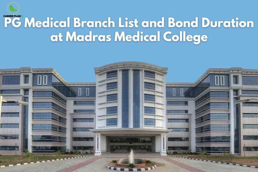 Front view of the modern Madras Medical College building, featuring a wide symmetrical structure with glass windows and white exterior walls, a central entrance with an arched facade, and landscaped pathways and fountain in front. The sky is clear blue, and at the top, the Career Plan B logo and the headline 'PG Medical Branch List and Bond Duration at Madras Medical College' are prominently displayed in white text."