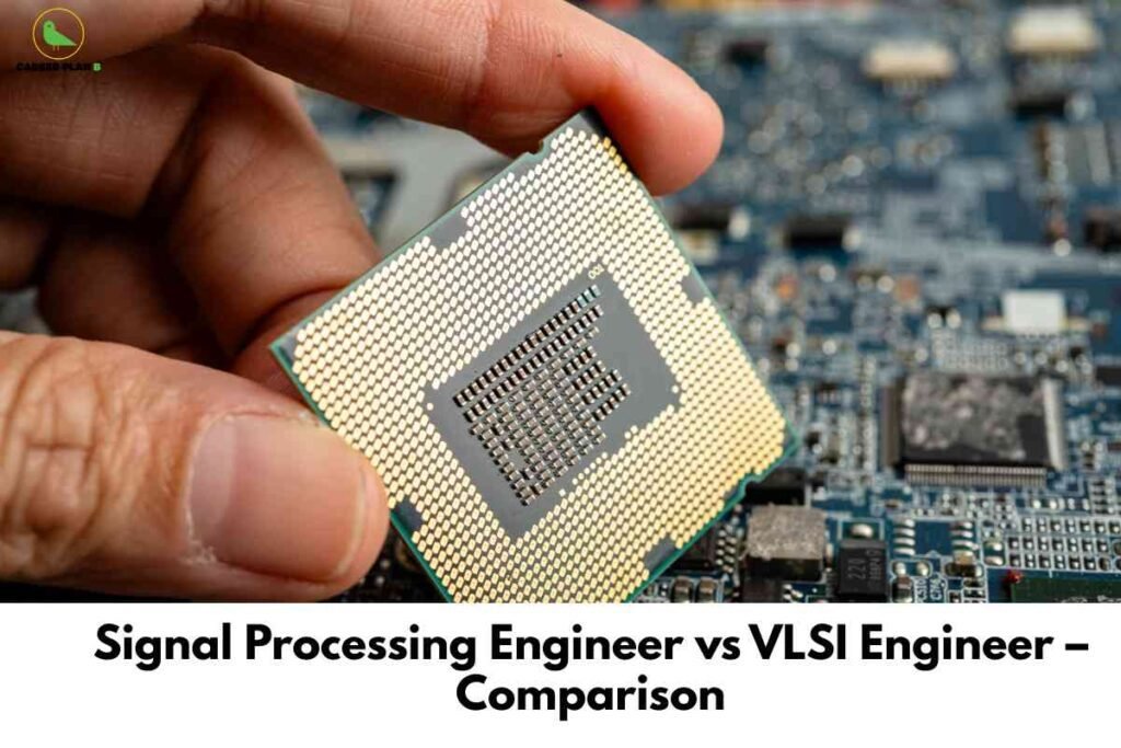 The image shows a close-up of a person's hand holding a computer processor (CPU) above a motherboard filled with electronic components. The CPU is oriented to display its grid of gold contacts and central array of pins, highlighting its intricate structure. In the upper left corner, the "Career Plan B" logo with a green bird silhouette and text is visible. At the bottom of the image, bold black text reads, "Signal Processing Engineer vs VLSI Engineer – Comparison," indicating the subject is a comparative analysis of these two engineering roles. The focus and context suggest a technical comparison relevant to electronics careers.