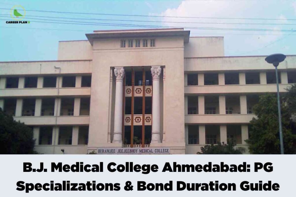 The image features B.J. (Byramjee Jeejeebhoy) Medical College in Ahmedabad, showcasing its main building with a classic facade. The architecture includes a central section with three tall, white columns topped with ornate capitals, flanked by symmetrical wings featuring rows of square windows. Above the entrance, the college name is displayed as 'BYRAMJEE JEEJEEBHOY MEDICAL COLLEGE' in black letters. A lamp post stands on the right, and greenery is visible at both ends of the image, framing the academic building. Over a pale grey banner at the bottom, bold black text reads 'B.J. Medical College Ahmedabad: PG Specializations & Bond Duration Guide.' In the upper left corner, the 'Career Plan B' logo appears with a green bird and black-green text. The scene projects a formal, academic atmosphere suitable for an educational guide about postgraduate specializations and bond duration at B.J. Medical College, Ahmedabad.