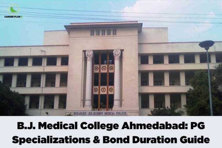 The image features B.J. (Byramjee Jeejeebhoy) Medical College in Ahmedabad, showcasing its main building with a classic facade. The architecture includes a central section with three tall, white columns topped with ornate capitals, flanked by symmetrical wings featuring rows of square windows. Above the entrance, the college name is displayed as 'BYRAMJEE JEEJEEBHOY MEDICAL COLLEGE' in black letters. A lamp post stands on the right, and greenery is visible at both ends of the image, framing the academic building. Over a pale grey banner at the bottom, bold black text reads 'B.J. Medical College Ahmedabad: PG Specializations & Bond Duration Guide.' In the upper left corner, the 'Career Plan B' logo appears with a green bird and black-green text. The scene projects a formal, academic atmosphere suitable for an educational guide about postgraduate specializations and bond duration at B.J. Medical College, Ahmedabad.