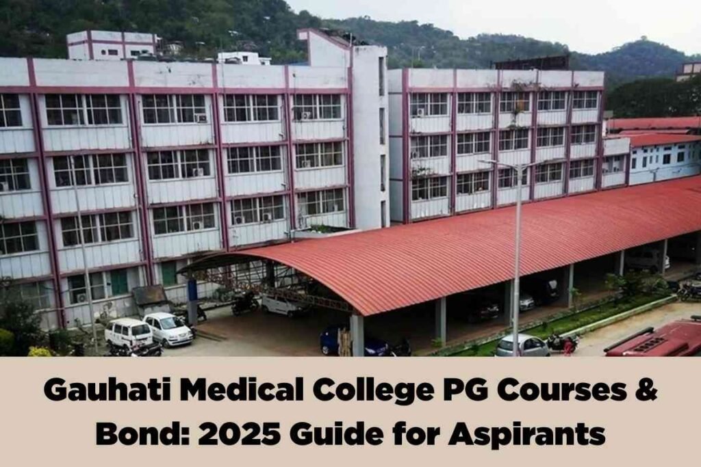 A large, multi-storey academic building with white and pink exterior walls is shown in the foreground, surrounded by greenery and low, forested hills in the background. The building has numerous aligned windows and air conditioning units on each floor. A prominent red sloping roof covers a parking area with several cars, bikes, and a bus visible below. The overall scene conveys an institutional campus environment. Overlaying the lower portion of the image is a beige banner with bold black text that reads: "Gauhati Medical College PG Courses & Bond: 2025 Guide for Aspirants," indicating the image is being used as part of educational guidance content for postgraduate medical studies at Gauhati Medical College.