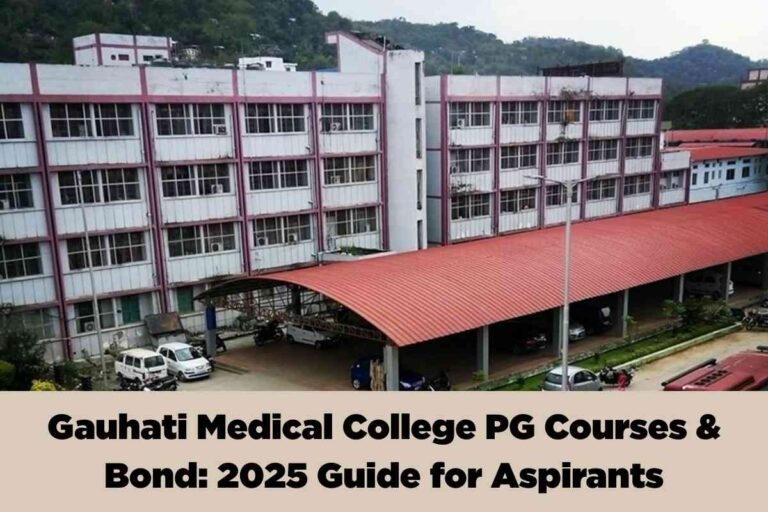 A large, multi-storey academic building with white and pink exterior walls is shown in the foreground, surrounded by greenery and low, forested hills in the background. The building has numerous aligned windows and air conditioning units on each floor. A prominent red sloping roof covers a parking area with several cars, bikes, and a bus visible below. The overall scene conveys an institutional campus environment. Overlaying the lower portion of the image is a beige banner with bold black text that reads: "Gauhati Medical College PG Courses & Bond: 2025 Guide for Aspirants," indicating the image is being used as part of educational guidance content for postgraduate medical studies at Gauhati Medical College.