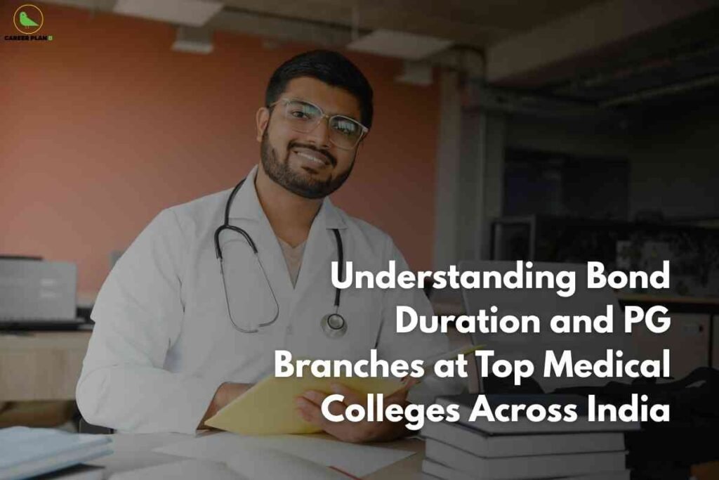 A doctor wearing a white coat and stethoscope sits at a desk in an office with soft lighting and stacks of documents, holding a file folder. The individual's face is blurred for privacy. In the top left corner is the Career Plan B logo, and on the right side, large white text reads 'Understanding Bond Duration and PG Branches at Top Medical Colleges Across India.'