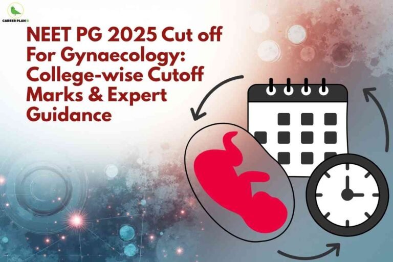 A promotional graphic from Career Plan B about NEET PG 2025 Cut Off for Gynaecology. The main text, in large bold red letters on the left, reads: "NEET PG 2025 Cut off For Gynaecology: College-wise Cutoff Marks & Expert Guidance." The Career Plan B logo—a minimalistic green bird in a circular outline—is present in the top left corner. The right side contains a stylized illustration featuring a black and white calendar, a wall clock, and an outline of a fetus in a pink embryo. Curved black arrows connect these three icons, symbolizing the cycle of time and important dates. The background has soft blue, white, and pink gradients with abstract circles and network lines, evoking a sense of science and medical education.