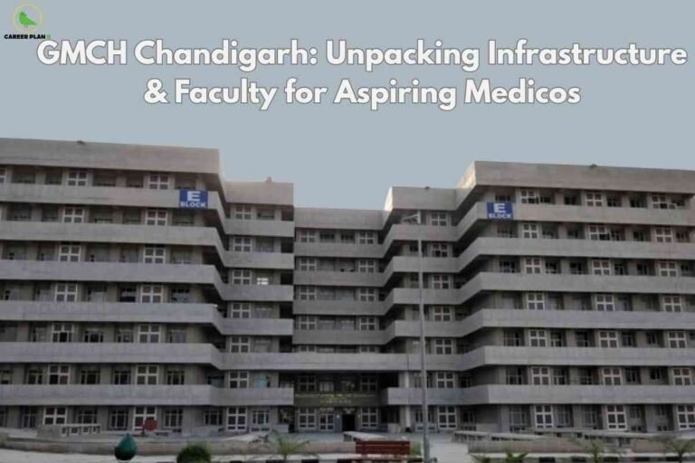 A promotional educational graphic from Career Plan B showcasing the campus of GMCH (Government Medical College & Hospital), Chandigarh. The background is filled with a light grey sky. Centered in the image is a wide, multi-storeyed concrete building with repetitive horizontal rows of windows and balconies, creating a symmetrical, modern appearance. Two blue signs labeled "E Block" are visible on both wings of the building. The entrance is visible at the bottom, with a green sign and a small landscaped area, including trimmed hedges and stone walkways, in the foreground. At the top of the image, bold white text with a drop shadow reads: "GMCH Chandigarh: Unpacking Infrastructure & Faculty for Aspiring Medicos." The Career Plan B logo—a green bird inside a circle—is located in the upper left corner. The scene conveys a sense of academic environment and modern medical education infrastructure.