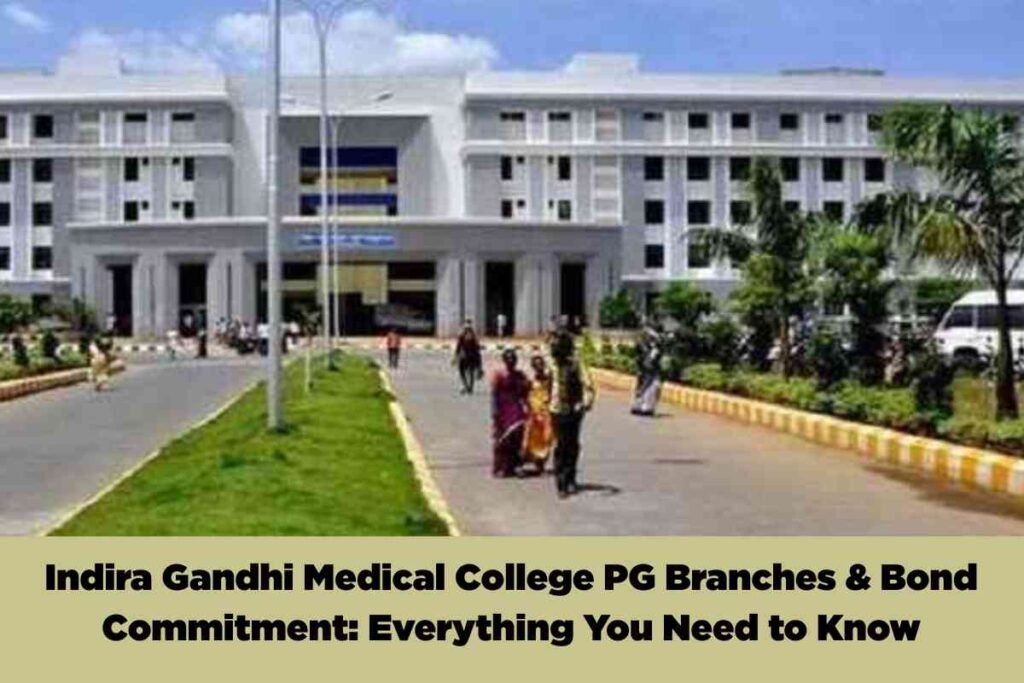 The image shows the front view of Indira Gandhi Medical College, featuring a modern, multi-story building with a white facade and numerous rectangular windows. The central entrance is prominent, with a wide canopy and pillars, leading into the main building nestled between two symmetrical wings. In front, there is a paved driveway flanked by green lawns and neatly arranged palm trees and bushes. Several people, some in colorful attire, are walking towards and away from the main entrance, adding liveliness to the campus scene. The foreground displays a beige banner with bold black text that reads, "Indira Gandhi Medical College PG Branches & Bond Commitment: Everything You Need to Know." The overall appearance signifies an informational guide focused on postgraduate branches and mandatory commitments at Indira Gandhi Medical College.