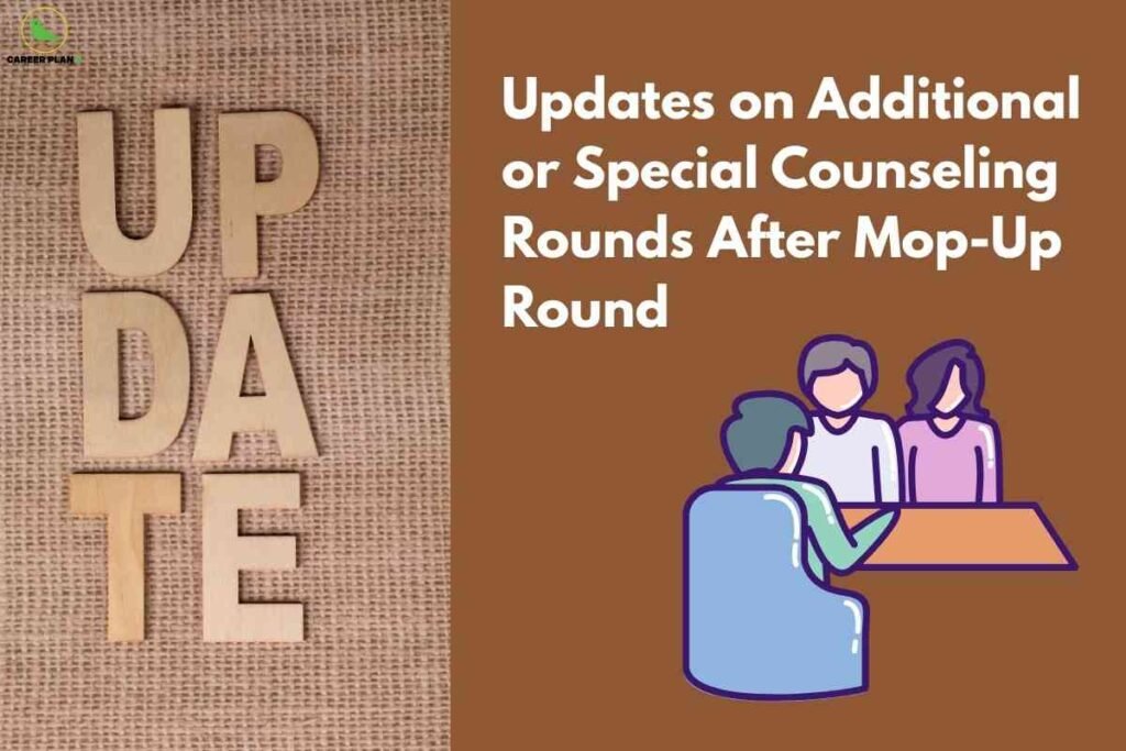On the left side of the image, large wooden block letters spell out the word "UPDATE" vertically against a textured brown burlap background. The right side of the image has a solid light brown color with white bold text that reads, "Updates on Additional or Special Counseling Rounds After Mop-Up Round." Below the text, there is a simple illustrated graphic showing three people sitting around a table, with one person facing the other two, suggesting a counseling or discussion scenario. At the top left corner, a small circular logo with green and black text reads "Career Plan B.