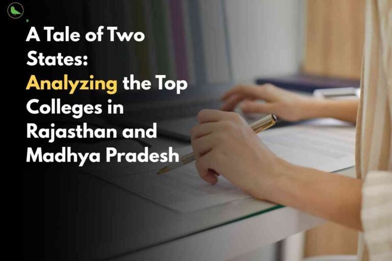 Close-up of a person’s hand holding a pen and taking notes at a desk with a laptop, overlaid with white and yellow bold headline "A Tale of Two States: Analyzing the Top Colleges in Rajasthan and Madhya Pradesh" on a dark background, and Career Plan B logo at the top left.