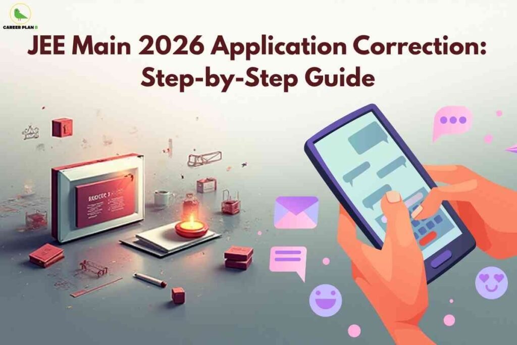 Colorful illustration of a hand holding a smartphone with chat bubbles and email icons around it, digital forms and a red correction stamp in the background, and headline "JEE Main 2026 Application Correction: Step-by-Step Guide" in bold maroon at the top, with Career Plan B logo in the upper left.