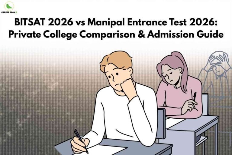 Cartoon illustration of worried students sitting at desks, holding pens and looking at test papers, with bold title "BITSAT 2026 vs Manipal Entrance Test 2026: Private College Comparison & Admission Guide" in black at the top, and the Career Plan B logo in the upper left.
