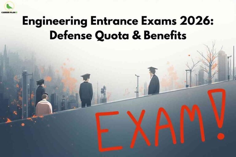 Stylized image with graduates in black gowns and caps standing on a cityscape background with orange hues and abstract buildings, and the word "EXAM!" boldly written in red across the bottom; headline at the top reads "Engineering Entrance Exams 2026: Defense Quota & Benefits" in black, with Career Plan B logo in the upper left.