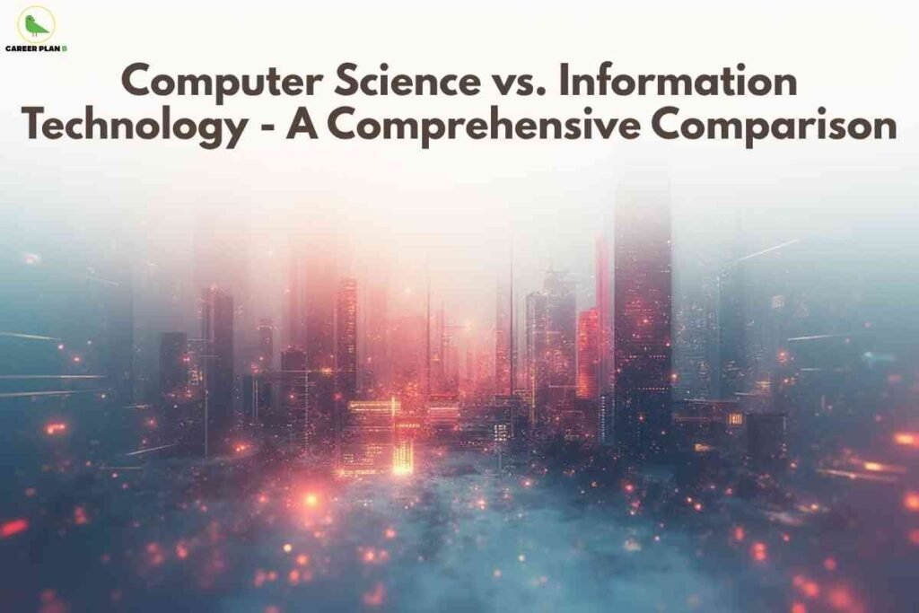 Futuristic digital city background symbolizing the comparison between computer science vs information technology, highlighting differences in programming, networking, and data systems careers.