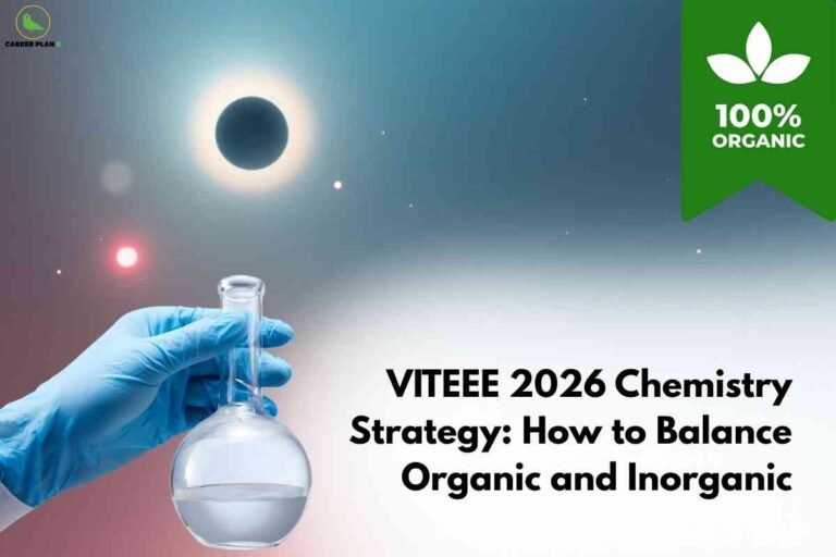 Student holding a chemistry flask symbolizing VITEEE chemistry preparation 2026, focusing on strategies to balance organic and inorganic topics for higher exam scores.