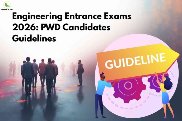 Illustration showing candidates with a guideline sign representing PWD guidelines for JEE 2026 and engineering entrance exams accessibility rules.