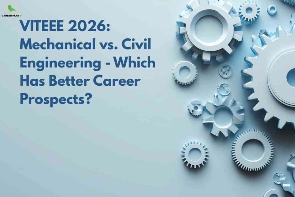 Mechanical vs Civil Engineering comparison visual with 3D gears symbolizing core engineering concepts and career prospects for VITEEE 2026 aspirants.