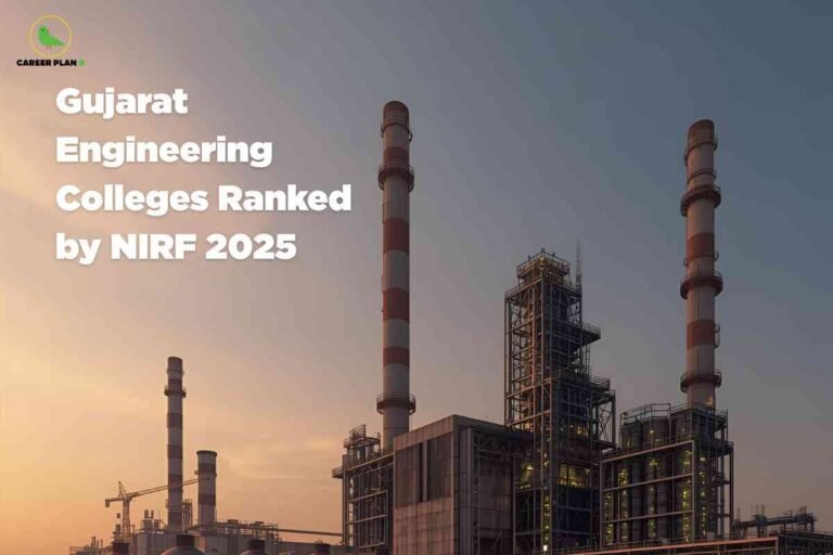 The image shows an industrial facility, likely a refinery or a power plant, with multiple tall chimneys and a complex structure made of steel frameworks and metallic surfaces. The sky is clear with a gradient from a pale yellow near the horizon to a light blue higher up, indicating early morning or late evening light. There are construction cranes and storage tanks visible in the lower section, emphasizing the scale and purpose of the facility. The overall composition highlights the industrial landscape prominent in Gujarat. On the top left, the Career Plan B logo is displayed. Over the sky to the left, there is large, bold white text reading: "Gujarat Engineering Colleges Ranked by NIRF 2025." No humans are present in the scene, giving full focus to the impressive industrial architecture.