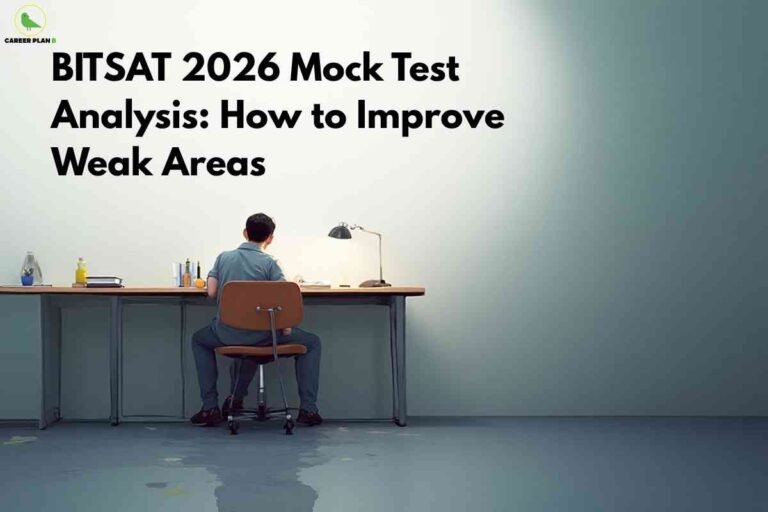 Student analyzing BITSAT mock test 2026 results under study lamp to identify weak areas and improve performance through focused preparation.