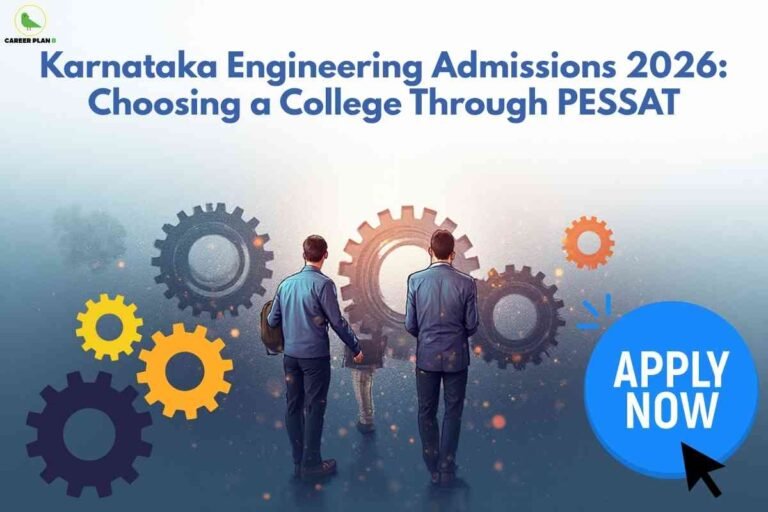 Students exploring Karnataka engineering colleges for PESSAT 2026 engineering admission with apply now button and mechanical gear icons symbolizing technology and career growth.