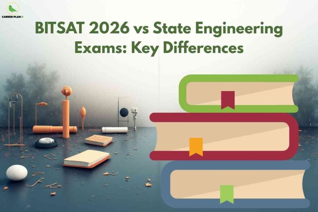 Comparison of BITSAT vs state engineering exams 2026 showing books, calculators, and study tools representing differences in syllabus, pattern, and difficulty level for engineering aspirants.