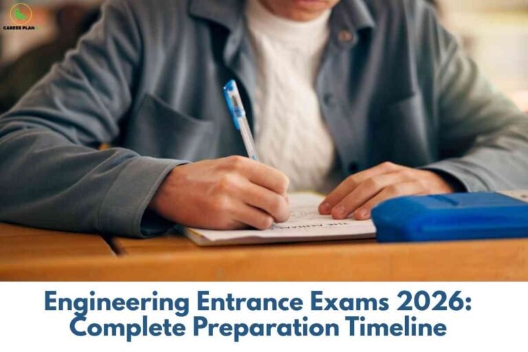Student preparing for engineering entrance exams 2026 with pen and notebook, representing focused study and complete preparation timeline for JEE, BITSAT, and VITEEE.