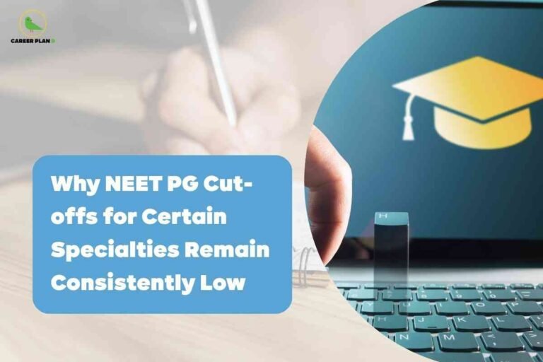 Visual explaining why some specialties have a low NEET PG cut off, showing a student writing on paper and a graduation cap icon on a laptop screen.