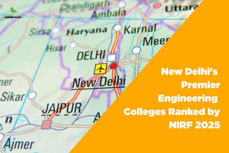 The image displays a close-up section of a printed map focused on North India, with “DELHI” and “New Delhi” clearly marked near the center, highlighting the national capital and its airport symbol in yellow. Surrounding locations such as Hisar, Karnal, Meen, Sikar, Jaipur, Ambala, Haryana, and parts of Uttar Pradesh are also visible, with various colored lines depicting roads and boundaries. The map is detailed, showing city names, transportation routes, and state borders. The top left corner features the Career Plan B logo. Covering the right half is a bold orange triangle overlay containing large, white text: “New Delhi’s Premier Engineering Colleges Ranked by NIRF 2025.” The contrasting colors and clear font draw attention to the educational ranking theme related to New Delhi. There are no people or buildings in the image; the focus remains on the geographical and informational elements.