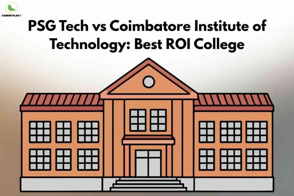 Minimalist illustration of a large college building with brown façade and red roof, headline at the top reading "PSG Tech vs Coimbatore Institute of Technology: Best ROI College" in bold black, and Career Plan B logo in the upper left.