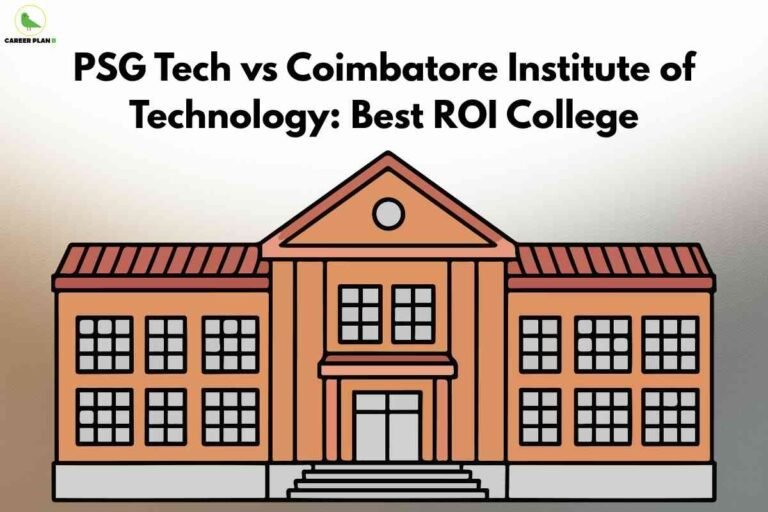 Minimalist illustration of a large college building with brown façade and red roof, headline at the top reading "PSG Tech vs Coimbatore Institute of Technology: Best ROI College" in bold black, and Career Plan B logo in the upper left.