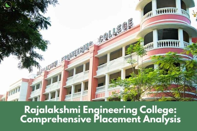 Front view of Rajalakshmi Engineering College’s white and red multi-storey building, surrounded by greenery and trees, with a headline "Rajalakshmi Engineering College: Comprehensive Placement Analysis" in bold on a green banner at the bottom, and the Career Plan B logo at the top left.