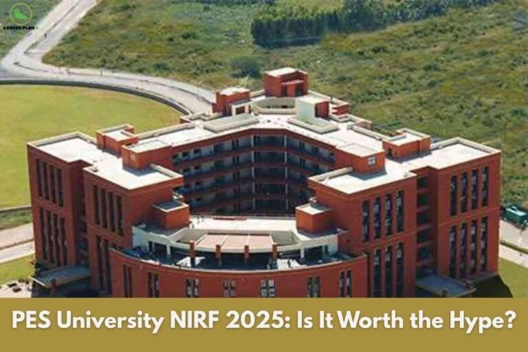 Aerial view of PES University’s modern red-brick campus building surrounded by green lawns and roads, with a tan banner at the bottom displaying the text "PES University NIRF 2025: Is It Worth the Hype?" and the Career Plan B logo in the upper left.