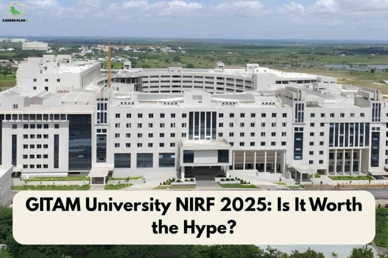 Aerial view of GITAM University’s large, white modern campus building set against greenery and a cloudy sky, with a light cream banner at the bottom showing the text "GITAM University NIRF 2025: Is It Worth the Hype?" and Career Plan B logo in the top left.