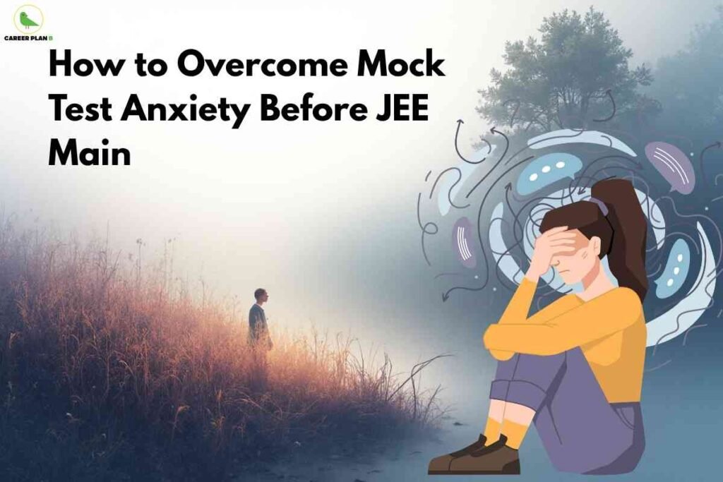 Illustration of a stressed student sitting with head in hand, surrounded by swirling anxious thoughts, set against a soft misty background with a lone person standing in a field; bold black text reads "How to Overcome Mock Test Anxiety Before JEE Main" at the top left, with Career Plan B logo in the upper left.