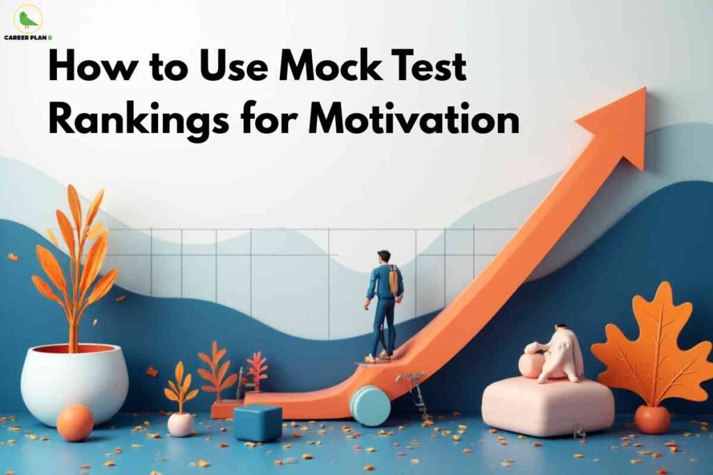Illustration of a student with a backpack climbing a large upward orange arrow symbolizing progress and motivation, set in a minimal blue-and-white space with decorative orange and blue plants, and bold black text reading "How to Use Mock Test Rankings for Motivation," with the Career Plan B logo in the upper left.