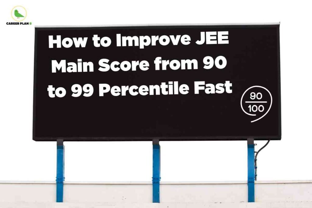 A rectangular billboard stands against a white background, mounted on two blue poles. The top-left corner features the Career Plan B logo, which consists of a green bird icon with the words "CAREER PLAN B" written next to it in black and green text. The main content of the billboard is a bold, all-white, sans-serif text message on a solid black background that reads: "How to Improve JEE Main Score from 90 to 99 Percentile Fast." On the bottom-right corner of the billboard, there is a minimalist graphic of a circle enclosing the numbers "90" above "100," separated by a horizontal line, symbolizing a score or percentage. The overall style is modern, clear, and designed to catch the viewer’s attention with strong contrast and simple graphics.