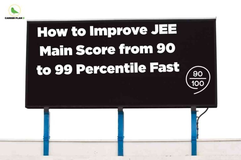 A rectangular billboard stands against a white background, mounted on two blue poles. The top-left corner features the Career Plan B logo, which consists of a green bird icon with the words "CAREER PLAN B" written next to it in black and green text. The main content of the billboard is a bold, all-white, sans-serif text message on a solid black background that reads: "How to Improve JEE Main Score from 90 to 99 Percentile Fast." On the bottom-right corner of the billboard, there is a minimalist graphic of a circle enclosing the numbers "90" above "100," separated by a horizontal line, symbolizing a score or percentage. The overall style is modern, clear, and designed to catch the viewer’s attention with strong contrast and simple graphics.