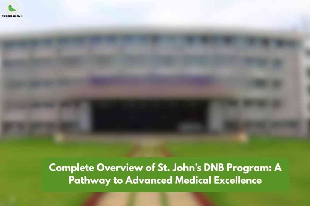 The image shows a large multi-story institutional building, purposefully blurred in the background, which likely represents St. John’s Medical College. The foreground features a vivid green lawn and a straight tiled walkway leading directly toward the main entrance. In the top left corner, a circular "Career Plan B" logo is present. Across the bottom part of the image, a bold green rectangular banner overlays the lawn, containing white text: "Complete Overview of St. John’s DNB Program: A Pathway to Advanced Medical Excellence." The scene gives a professional, educational atmosphere focused on medical training.