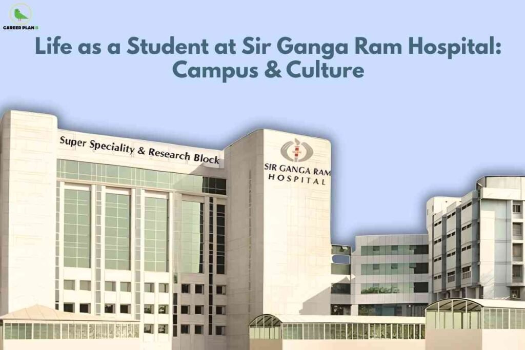 The image features the modern campus of Sir Ganga Ram Hospital, with several tall, light-colored buildings dominated by large windows. The most prominent building displays the hospital name and logo on its front facade, alongside the "Super Speciality & Research Block" sign. The background sky is clear and filled with a soft blue gradient. At the top left corner, the "Career Plan B" circular logo is visible. Across the top, bold bluish-grey text reads: "Life as a Student at Sir Ganga Ram Hospital: Campus & Culture." The image highlights the hospital's infrastructure with a focus on educational and research excellence.