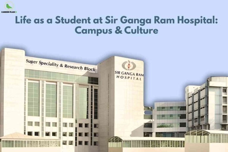 The image features the modern campus of Sir Ganga Ram Hospital, with several tall, light-colored buildings dominated by large windows. The most prominent building displays the hospital name and logo on its front facade, alongside the "Super Speciality & Research Block" sign. The background sky is clear and filled with a soft blue gradient. At the top left corner, the "Career Plan B" circular logo is visible. Across the top, bold bluish-grey text reads: "Life as a Student at Sir Ganga Ram Hospital: Campus & Culture." The image highlights the hospital's infrastructure with a focus on educational and research excellence.