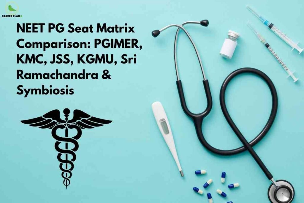 The image has a light blue background with medical objects arranged on the right, including a black stethoscope, a digital thermometer, two syringes, a medicine vial, and scattered blue-and-white capsules. On the left, bold black text reads: "NEET PG Seat Matrix Comparison: PGIMER, KMC, JSS, KGMU, Sri Ramachandra & Symbiosis." Beneath the text, there is a large black caduceus medical symbol featuring two wings and a staff with snakes entwined around it. The "Career Plan B" circular logo appears at the top left corner. The overall image visually emphasizes medical education, comparison, and analysis.