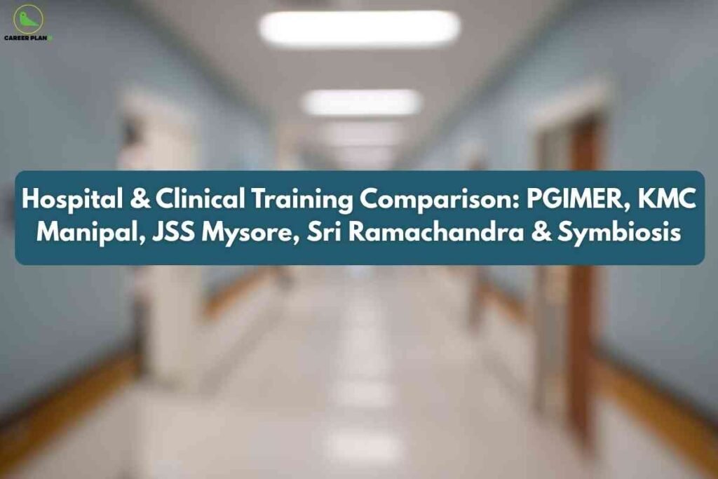 The image depicts a blurred hospital corridor with light blue walls and brown doorframes, conveying a clinical setting. Ceiling lights create a bright, welcoming atmosphere, but the hallway details are intentionally out of focus. At the top left corner is the "Career Plan B" circular logo. Across the center, a bold teal-blue rectangular banner holds large white text reading: "Hospital & Clinical Training Comparison: PGIMER, KMC Manipal, JSS Mysore, Sri Ramachandra & Symbiosis." The composition emphasizes comparative analysis and the hospital environment for clinical training.