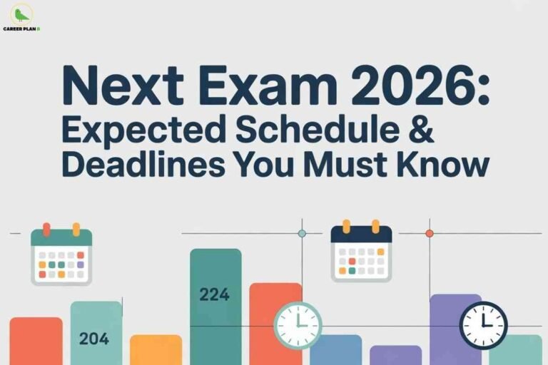 Infographic showing calendars, charts, and clocks illustrating the expected schedule and deadlines for the NEXT Exam 2026.
