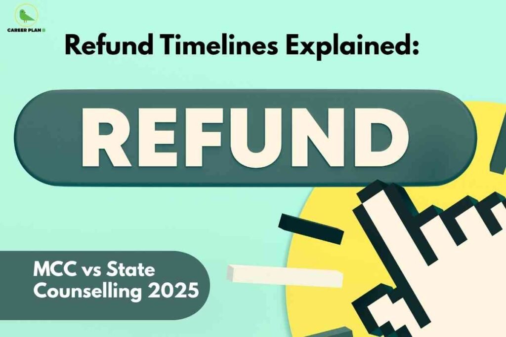 Illustration showing a teal and yellow graphic about refund timelines for medical counselling. At the top center, bold black text reads “Refund Timelines Explained:”. Below it, a large rounded rectangular teal button with a 3D effect displays the word “REFUND” in big cream-colored capital letters. In the lower left corner, a smaller dark teal rounded box contains white text that says “MCC vs State Counselling 2025,” indicating a comparison of refund timelines between MCC and state counselling. On the right side, a large yellow circle forms a background for an oversized white computer cursor hand with a dark outline, as if clicking on the refund button, with a few abstract rectangular shapes around it suggesting motion or action. The overall background is a light mint green, and the Career Plan B logo with a small bird icon appears in the top left corner.