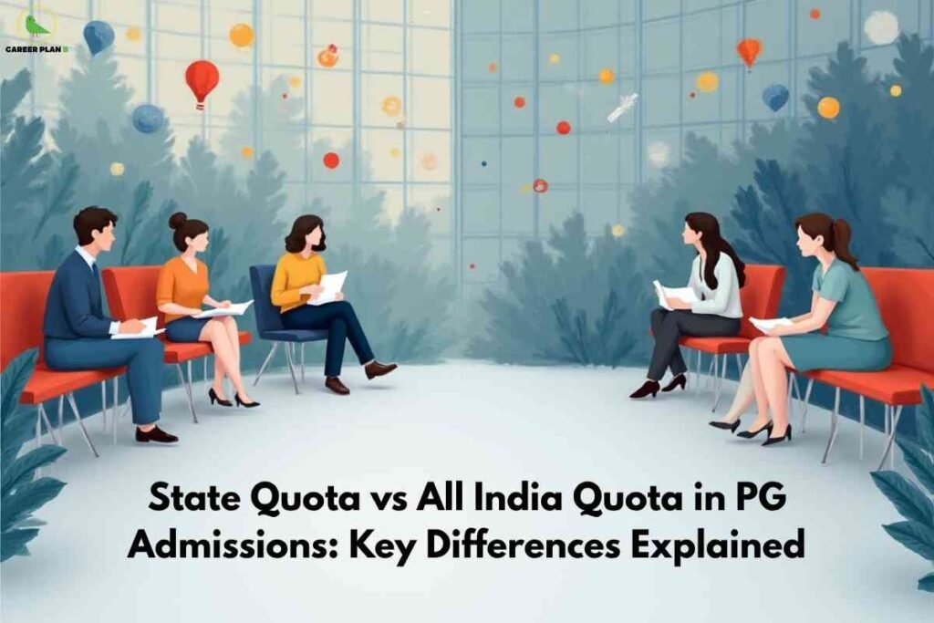 Students sitting in a counseling hall discussing medical PG admissions, illustrating the differences between State Quota vs AIQ in postgraduate seat allocation.